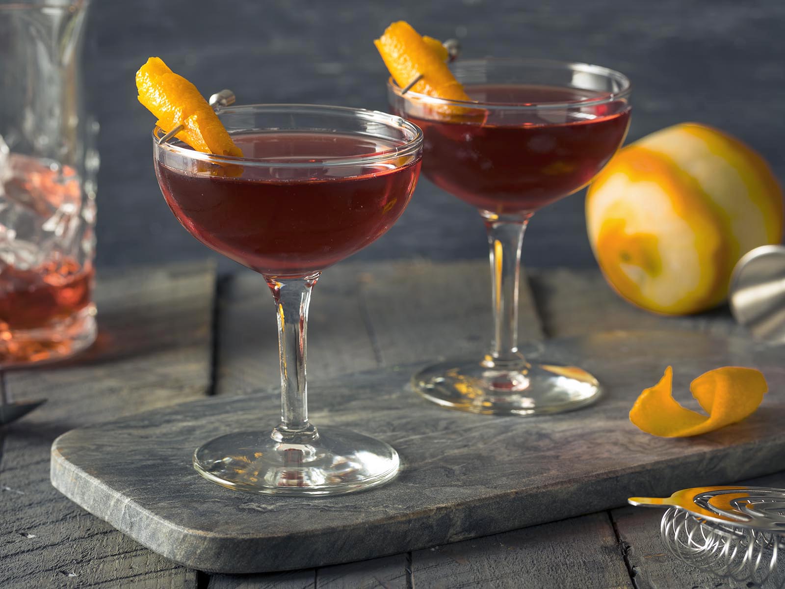 Homemade Red Boulevardier Cocktail with Orange Garnish