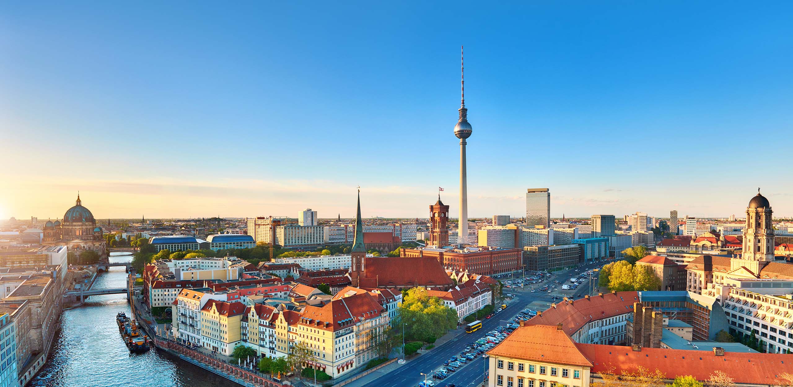 Aerial view of central Berlin on a bright day in Spring, including old City Hall and television tower on Alexanderplatz